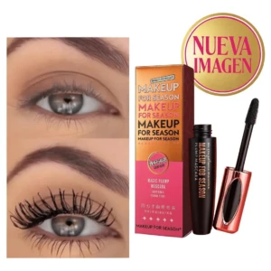 Pestañina Makeup For Season Coreana con aplicador, antes y después de usar, efecto voluminizador.