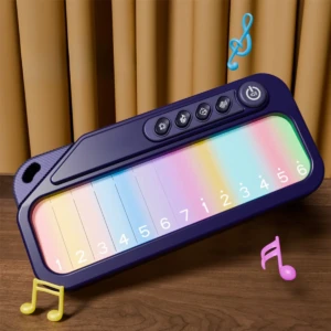 Teclado electrónico infantil musical de color azul con teclas de arcoíris y pantalla, ideal para niños.
