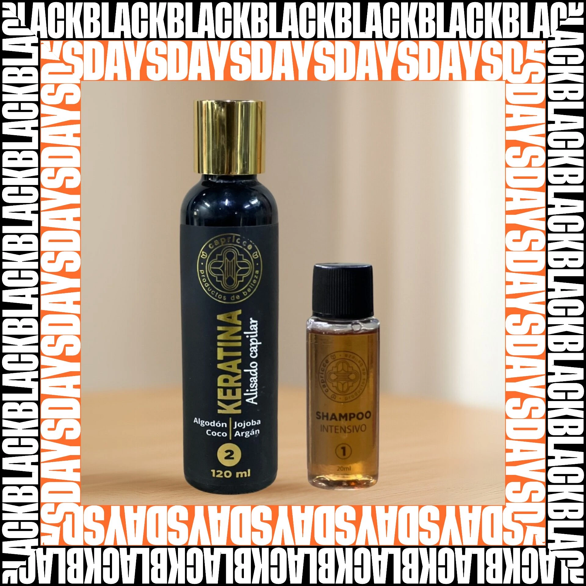 Botella negra Keratina Alisado Capilar 120 ml y muestra de shampoo intensivo Capricce, marco Black Days.
