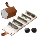Bolso organizador marrón para 4 pares de gafas y lentes de sol, plegable y portátil.