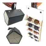 Estuche organizador de gafas de sol plegable, color negro, con compartimentos para múltiples lentes.