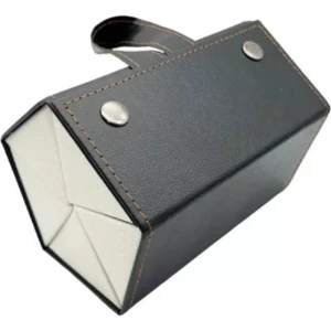 Estuche organizador plegable para gafas, negro, imitación piel, con asa y broches plateados.