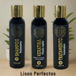 Set de 3 botellas negras con tapa dorada: shampoo, keratina y tratamiento Capricce "Lisos Perfectos".