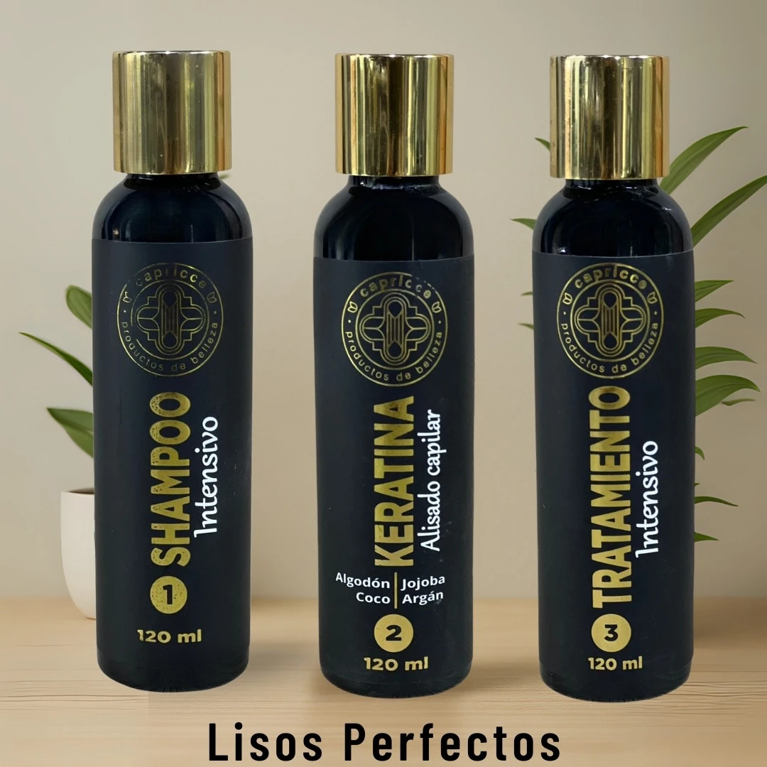 Set de 3 botellas negras con tapa dorada: shampoo, keratina y tratamiento Capricce "Lisos Perfectos".