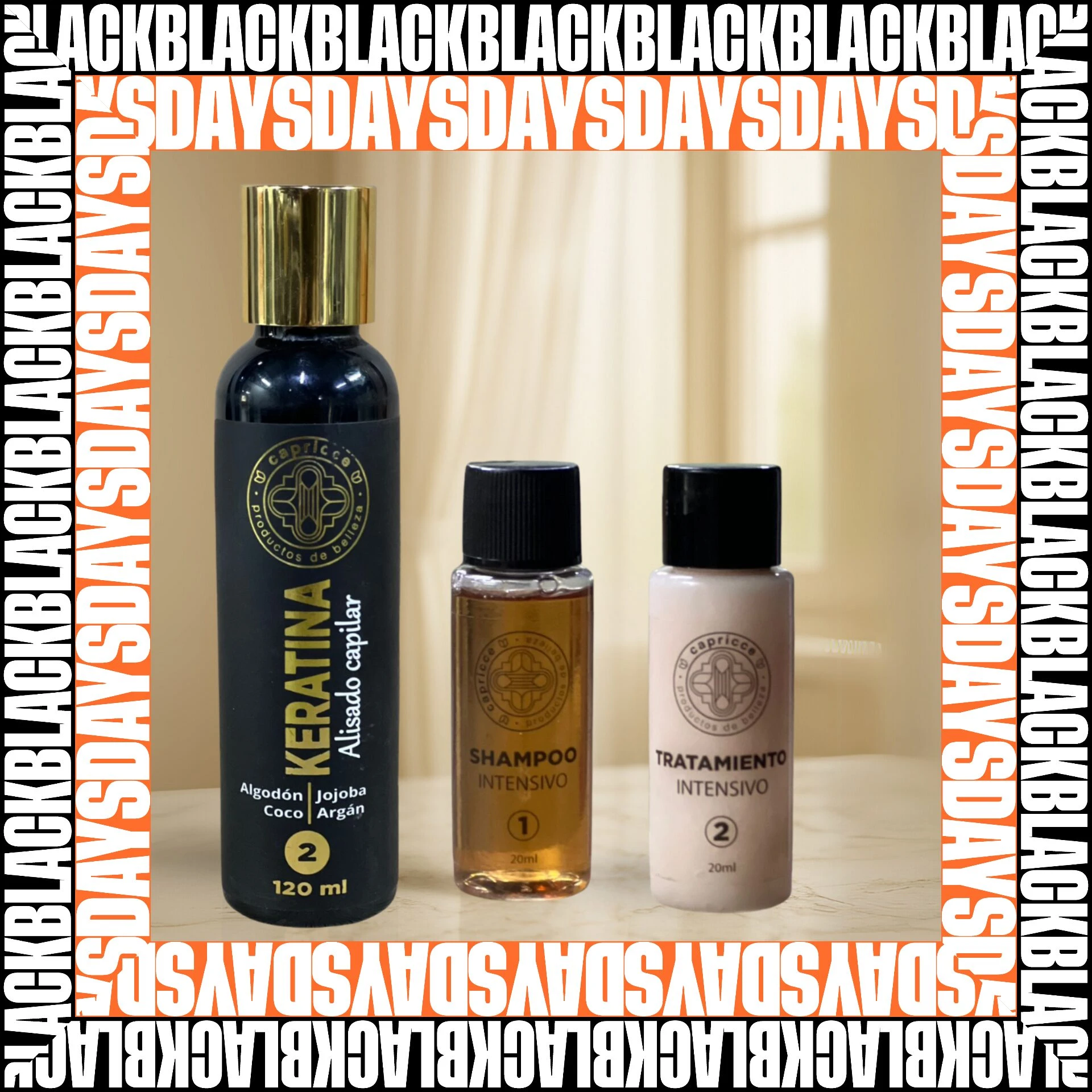 Set de cuidado capilar Capricce: Keratina alisadora 120 ml y dos obsequios (shampoo y tratamiento intensivo) en frascos pequeños.