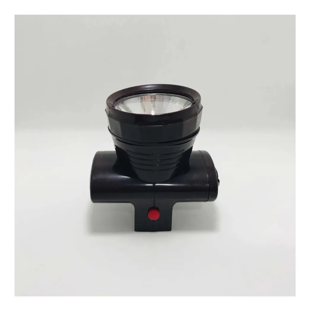 Linterna minera de casco negra, modelo XJ4688, con botón rojo, ideal para trabajo.