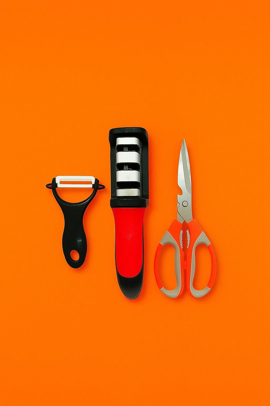 Afilador de cuchillos rojo y negro, tijeras naranja, y pelador negro sobre fondo naranja.