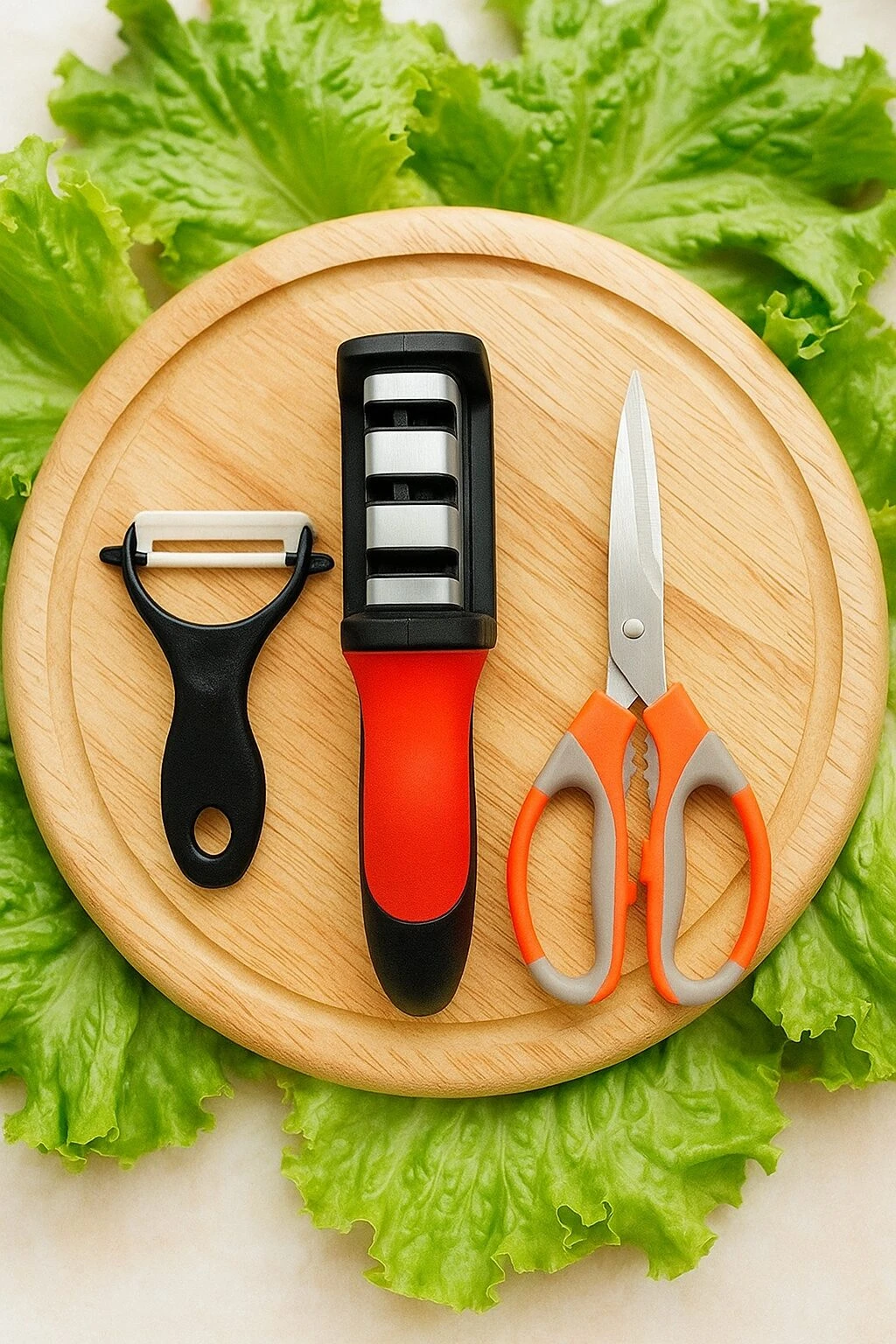 Afilador rojo y negro, tijeras naranjas, pelador negro sobre tabla de madera y hojas de lechuga.
