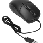 Mouse óptico negro con cable USB y scroll, ideal para computadoras.