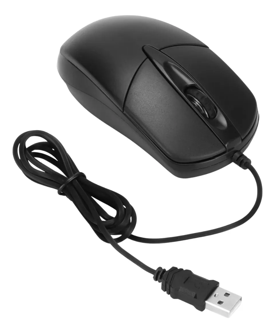 Mouse óptico negro con cable USB y scroll, ideal para computadoras.