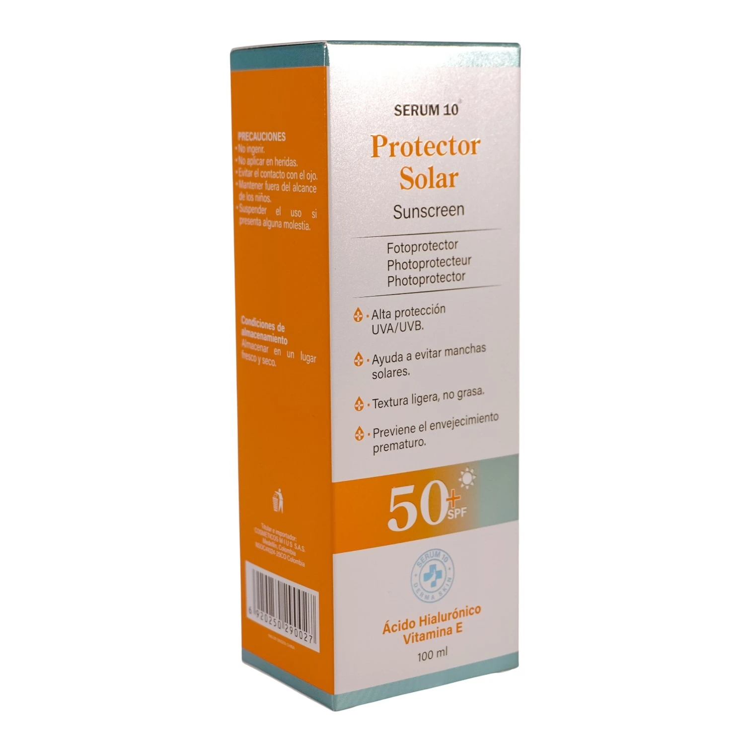 Caja protector solar Serum 10 con SPF 50+, Ácido Hialurónico y Vitamina E. Caja blanca y naranja con texto en español. Contenido 100 ml.