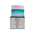Crema facial Serum 10 con colágeno, anti-edad, tarro de vidrio azul y caja blanca.