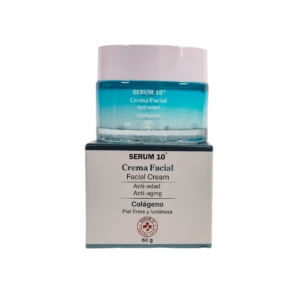Crema facial Serum 10 con colágeno, anti-edad, tarro de vidrio azul y caja blanca.