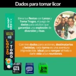 Juego de mesa "Dados para tomar licor" con tres dados de colores y empaque verde, ideal para fiestas.