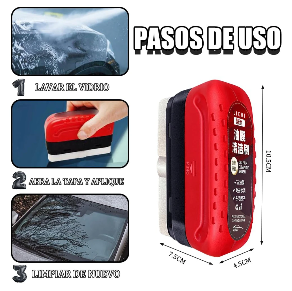 Pasos de uso de cepillo limpiador de película de aceite para parabrisas de carro, color rojo y negro, 10.5x7.5x4.5cm.