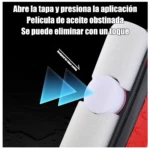 Aplicador blanco de esponja para eliminar película de aceite de parabrisas, con texto en español sobre fácil uso.