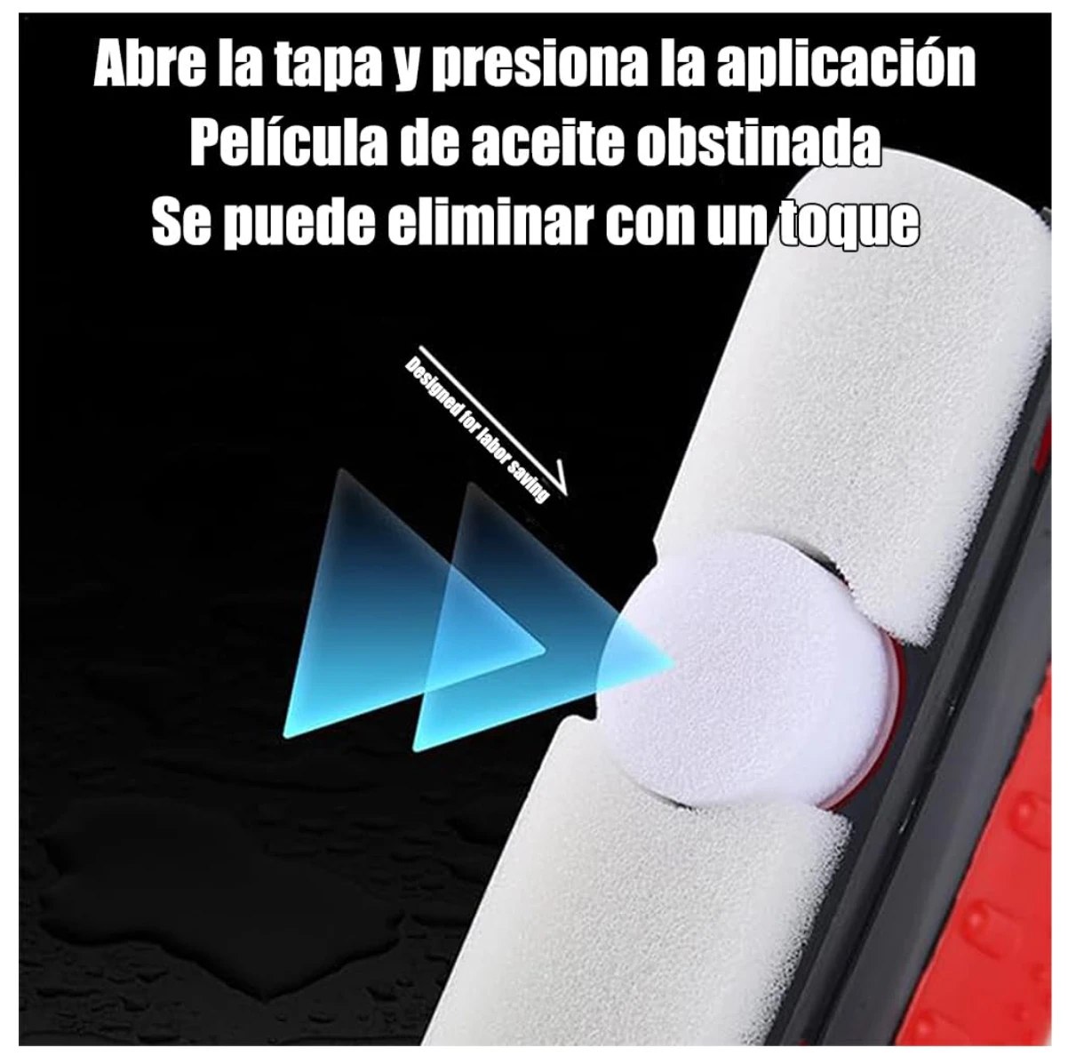 Aplicador blanco de esponja para eliminar película de aceite de parabrisas, con texto en español sobre fácil uso.