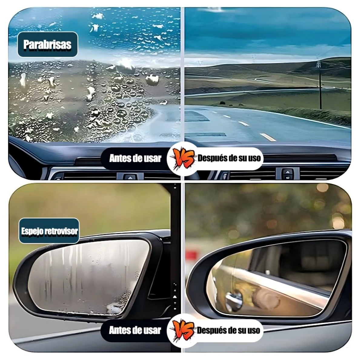 Antivaho para parabrisas y espejo retrovisor: comparativa antes y después de usar el tratamiento repelente en superficies de auto.