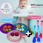 Combo plato de silicona para bebé con divisiones y cubiertos, rosa, azul y morado.