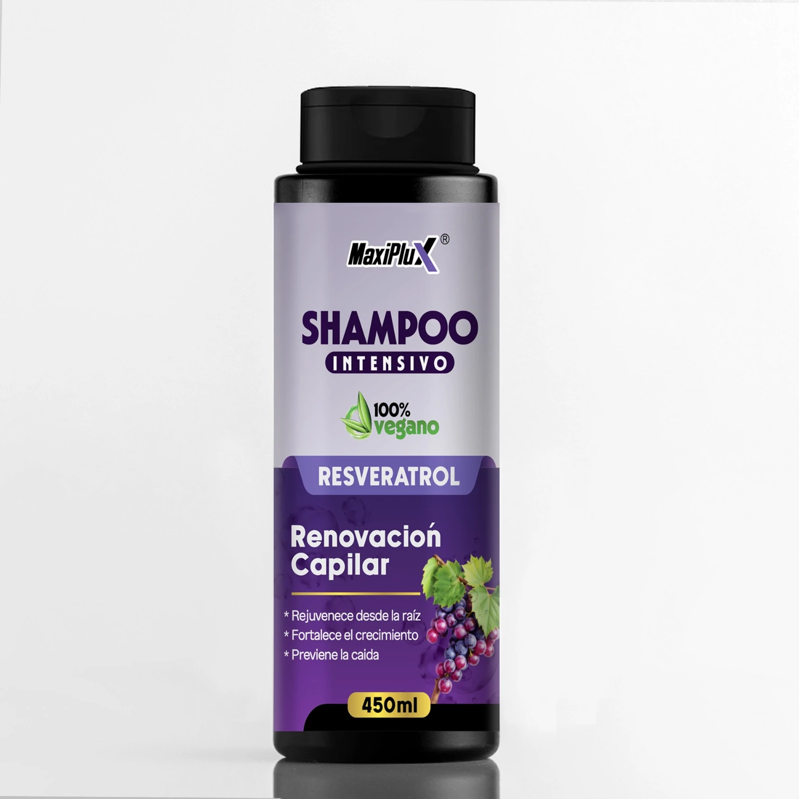 Envase cilíndrico de 450ml de shampoo intensivo MaxiPlux con Resveratrol, fórmula 100% vegana para renovación capilar, con diseño de uvas.