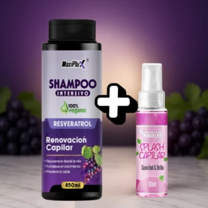 Combo de Shampoo Intensivo Maxiplux Resveratrol de 450ml y Splash Capilar Secreto de Angeles de 60ml para brillo y suavidad sobre superficie marmolada.