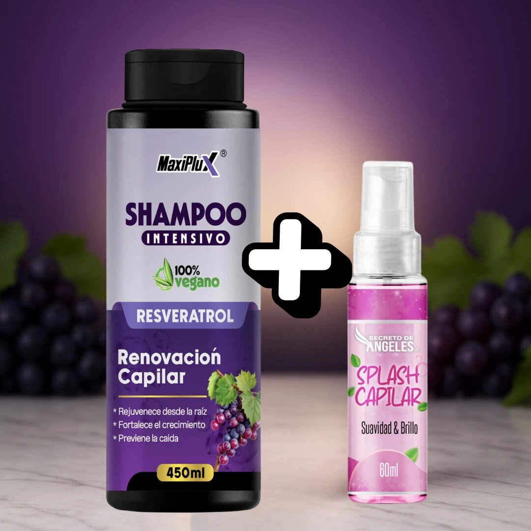 Combo de Shampoo Intensivo Maxiplux Resveratrol de 450ml y Splash Capilar Secreto de Angeles de 60ml para brillo y suavidad sobre superficie marmolada.