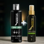Botella negra Sh Canas cubre canas y tónico capilar Secretos de Ángeles con extractos naturales.