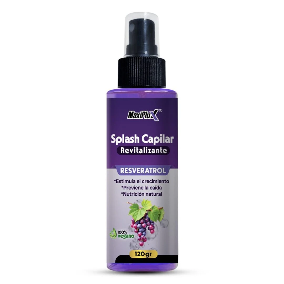 Splash capilar revitalizante MaxiPluX 120gr con Resveratrol, estimula crecimiento y previene caída.