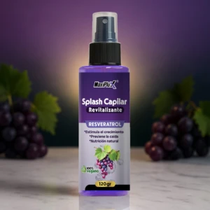 Splash Capilar Revitalizante MaxiPluX con Resveratrol, 120gr, envase morado con uvas.