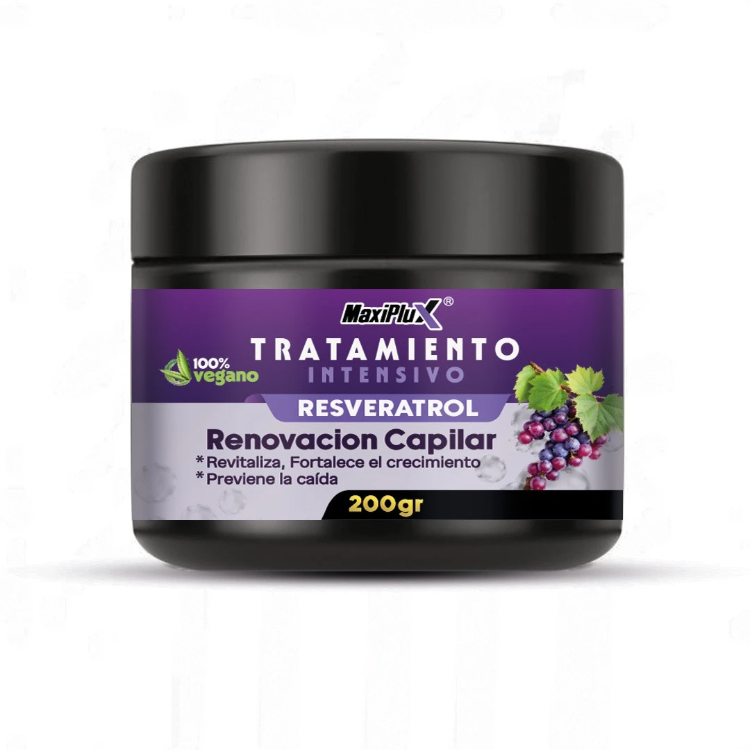 Tarro negro de tratamiento capilar intensivo MaxiPluX con resveratrol de 200g, fórmula 100% vegana para renovar, fortalecer y prevenir la caída del cabello.