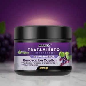 Tarro negro de 200gr con tratamiento capilar intensivo de resveratrol, diseño con uvas y fondo morado, enfocado en revitalizar y fortalecer el cabello.