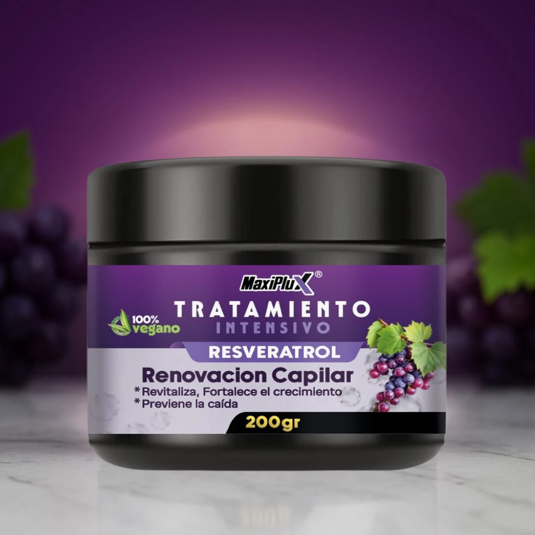 Tarro negro de 200gr con tratamiento capilar intensivo de resveratrol, diseño con uvas y fondo morado, enfocado en revitalizar y fortalecer el cabello.