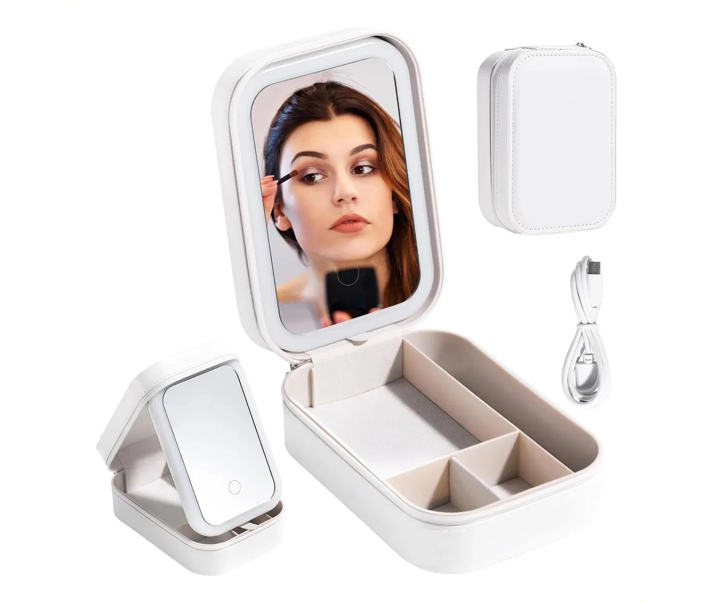 Organizador blanco de maquillaje con espejo LED, compartimentos y espejo portátil, ideal para cosméticos.
