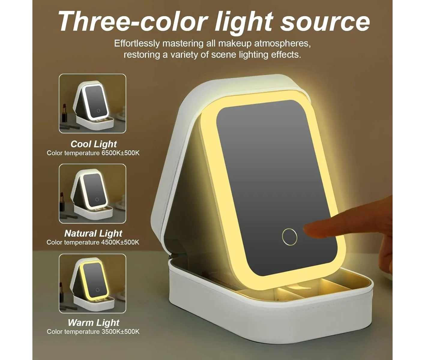 Organizador de maquillaje blanco con espejo LED y tres tonalidades de luz: fría, natural y cálida.