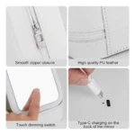 Organizador de maquillaje blanco con cierre de cremallera, cuero PU, espejo led táctil y carga tipo C.