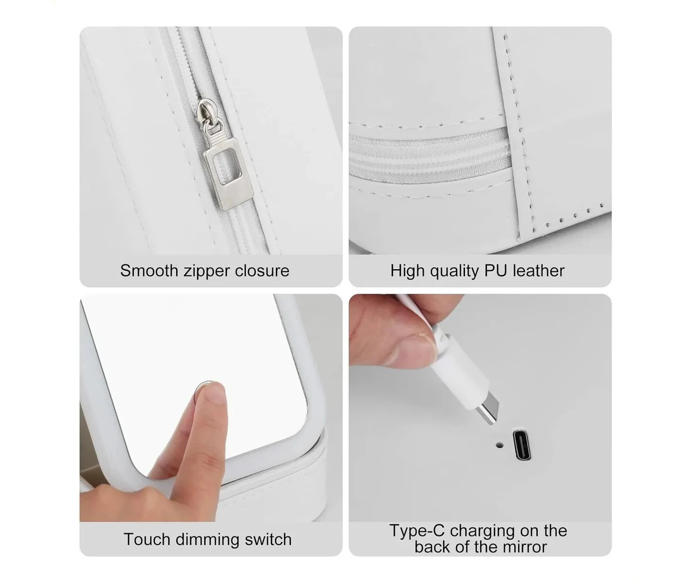 Organizador de maquillaje blanco con cierre de cremallera, cuero PU, espejo led táctil y carga tipo C.