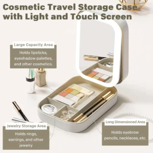 Organizador de maquillaje blanco con espejo led, compartimentos para cosméticos y joyas.