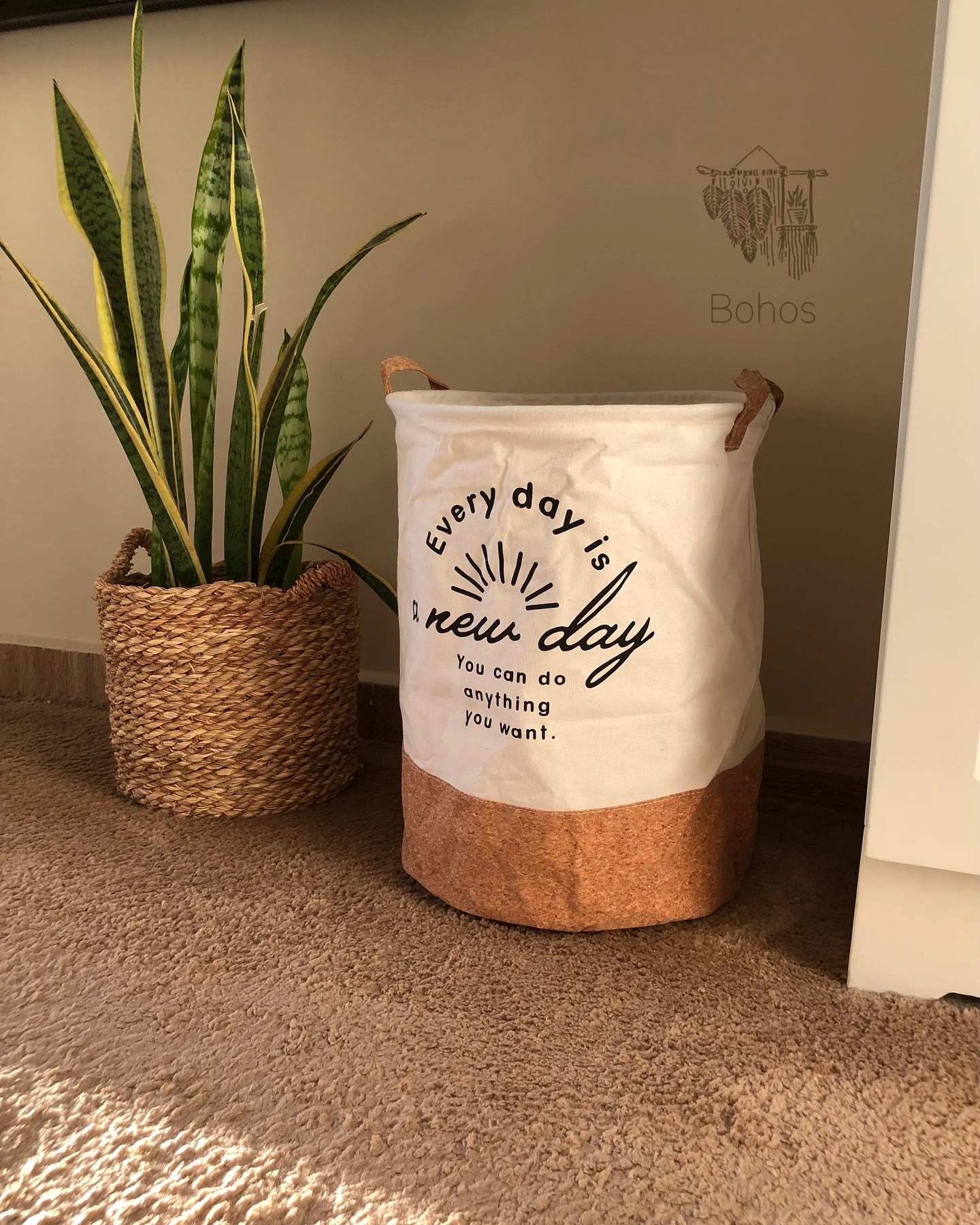 Cesto organizador blanco y corcho con texto inspirador junto a planta Sansevieria en maceta de fibra natural.