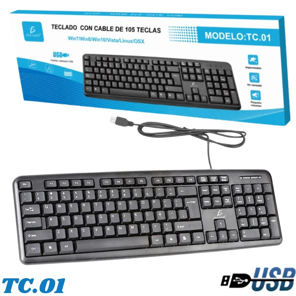 Teclado negro alámbrico USB modelo TC.01 con diseño estándar de 105 teclas, ideal para PC.