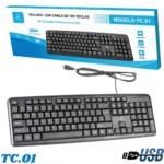 Teclado alambrico negro modelo TC.01 con conexión USB, 105 teclas, compatible con Windows y MacOS.