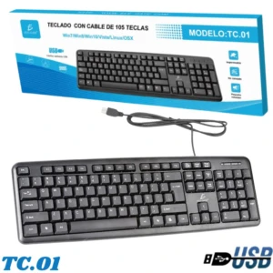 Teclado alambrico negro modelo TC.01 con conexión USB, 105 teclas, compatible con Windows y MacOS.