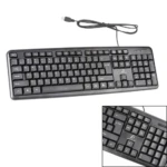 Teclado alambrico USB negro ELE-GATE para computadora, vista frontal superior con cable USB.