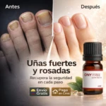Comparativa de pies antes y después del uso de aceite antihongos Onyfree de 10ml, junto a un frasco del producto que promete uñas fuertes y sanas.