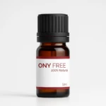 Frasco de vidrio ámbar de 10ml con tapa negra, etiqueta blanca y bandas rojas que dice Onyfree 100% natural, ideal para tratamiento antihongos de uñas.
