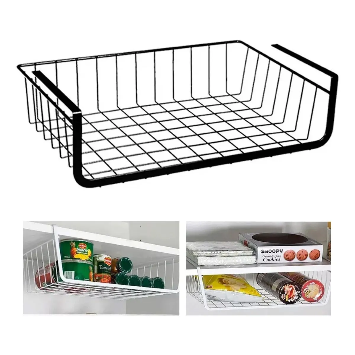 Set x2 organizadores colgantes de metal negro para repisa, uno vacío y dos llenos con latas, frascos y galletas.