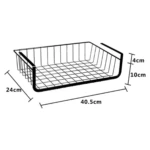 Organizador colgante de alambre negro para repisas, dimensiones 40.5x24x10cm, ideal para cocina y despensa.