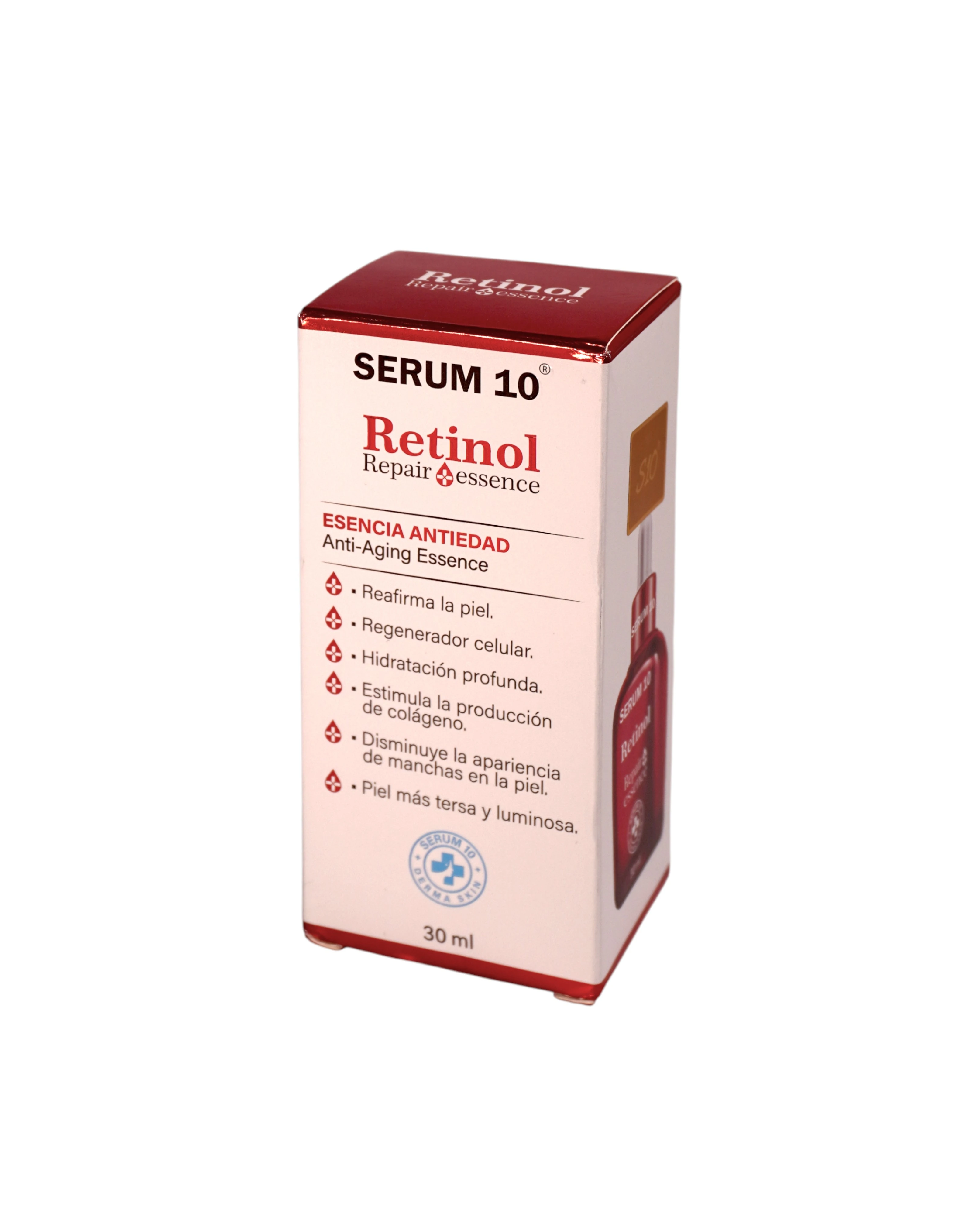 Serum 10 Retinol Anti-Aging Essence 30 ml en caja blanca con detalles rojos, frasco visible.