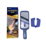 Cortador mandolina azul de plástico con protector de mano y caja.