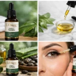 Serum Origenes para cejas y pestañas, con aplicador y gotas de aceite, envase café.