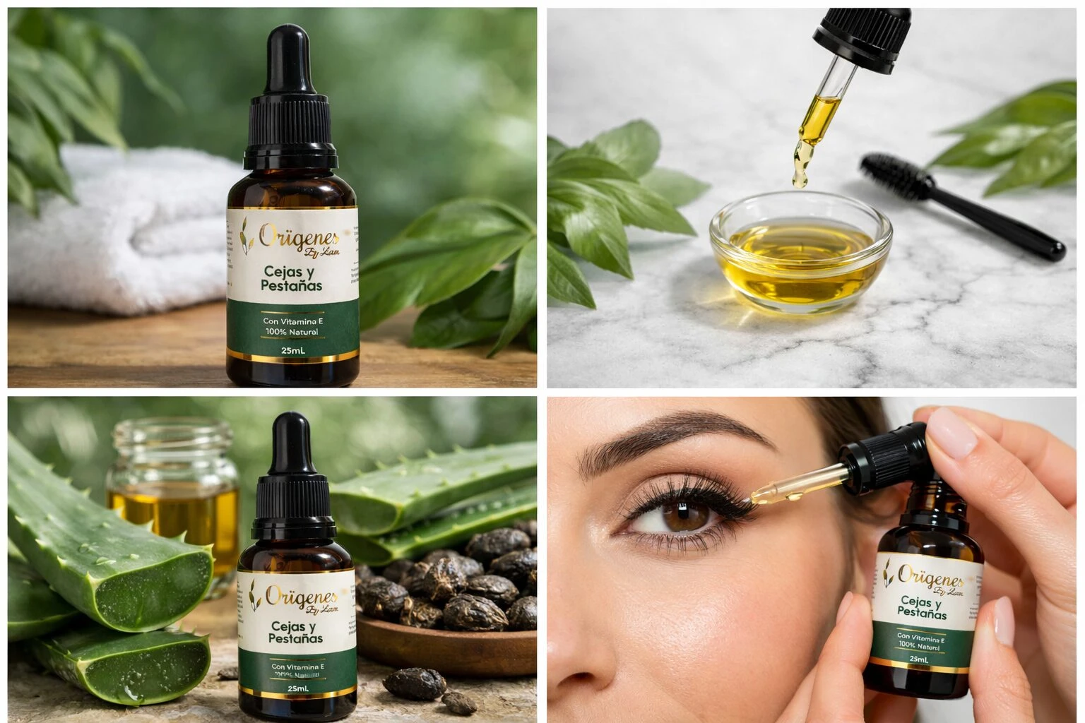 Serum Origenes para cejas y pestañas, con aplicador y gotas de aceite, envase café.